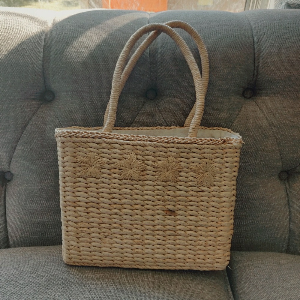 Vintage Straw Box Purse with Pink Gingham Liner